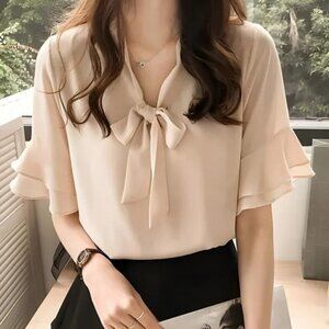 Dust Rose Oversized Flounced Tie Neck Blouse